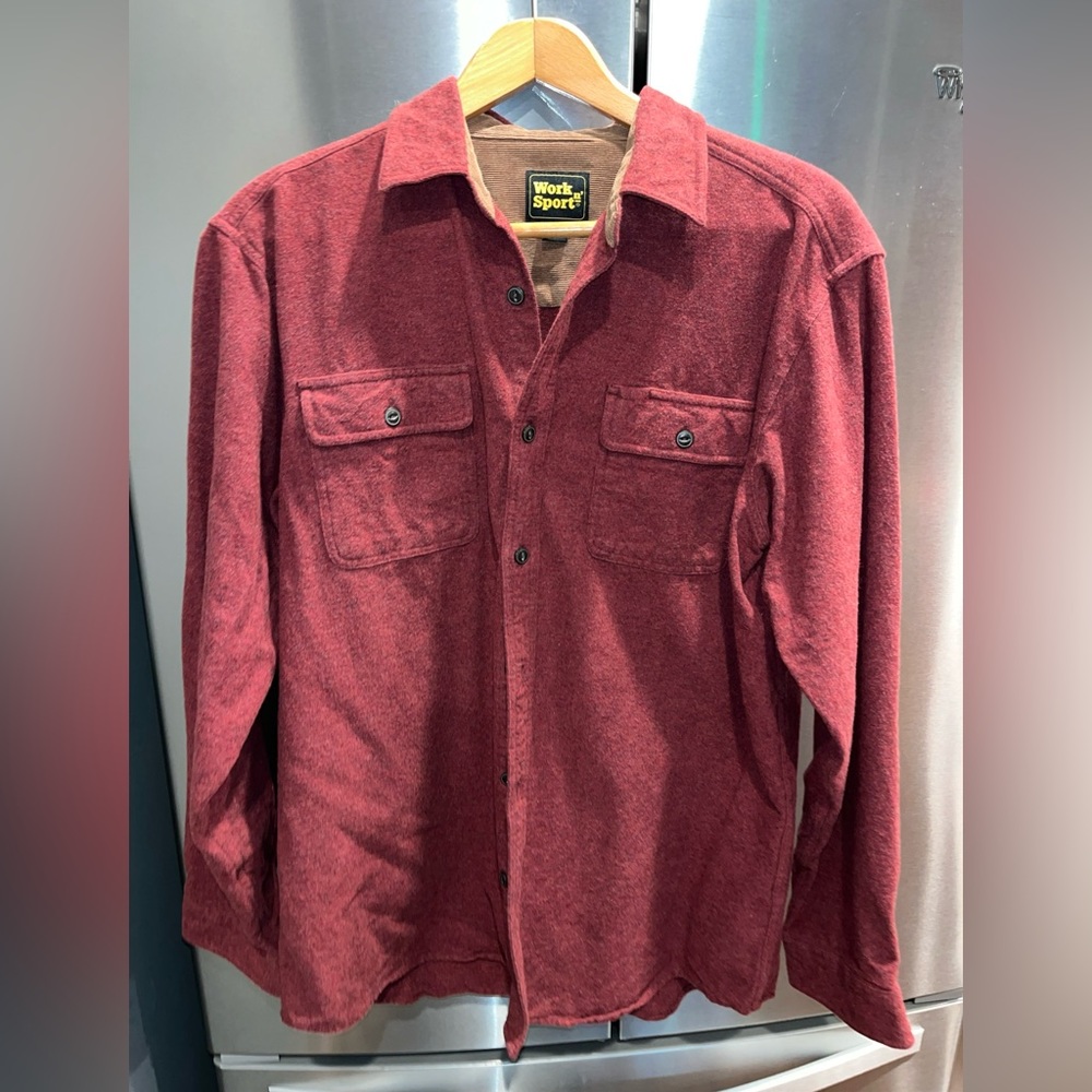 BURGUNDY WORK N” SPORT flannel SHIRT chamois MEN’S XL TAN Corduroy COLLAR Cuffs